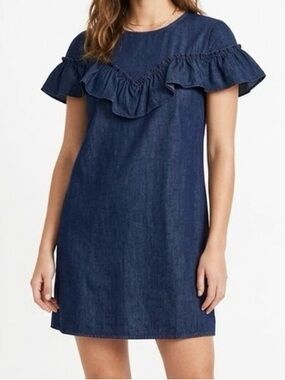 After Market Denim Ruffle Shift Dress - Navy